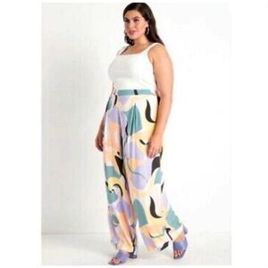 NWT Eloquii Printed Wide Leg Palazzo High Rise Pants Plus‎ Sz 16 Pastel Pull On